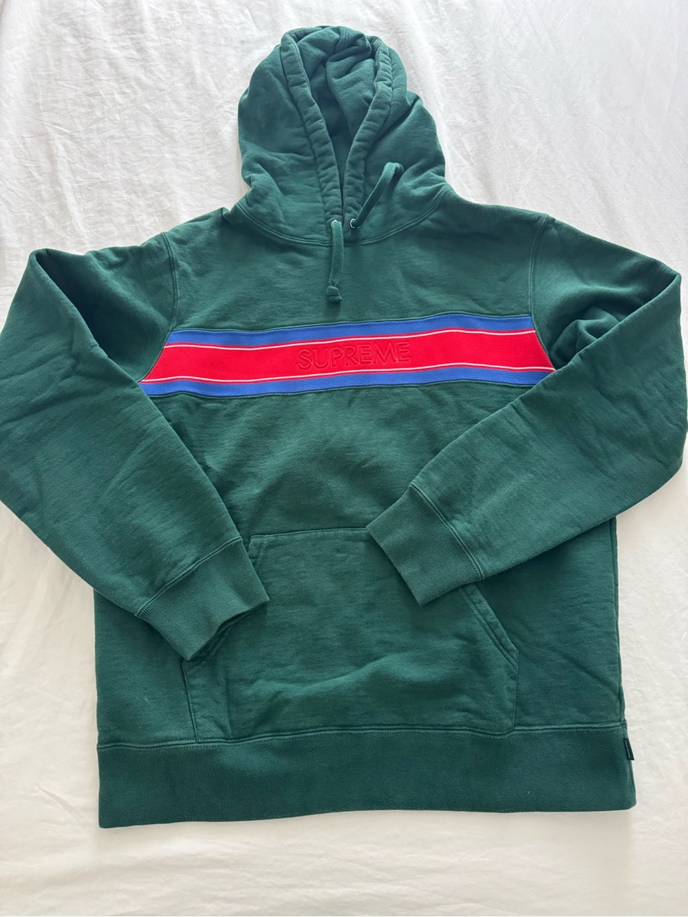 Supreme Forest Green Hoodie with Red and Blue Chest Stripe